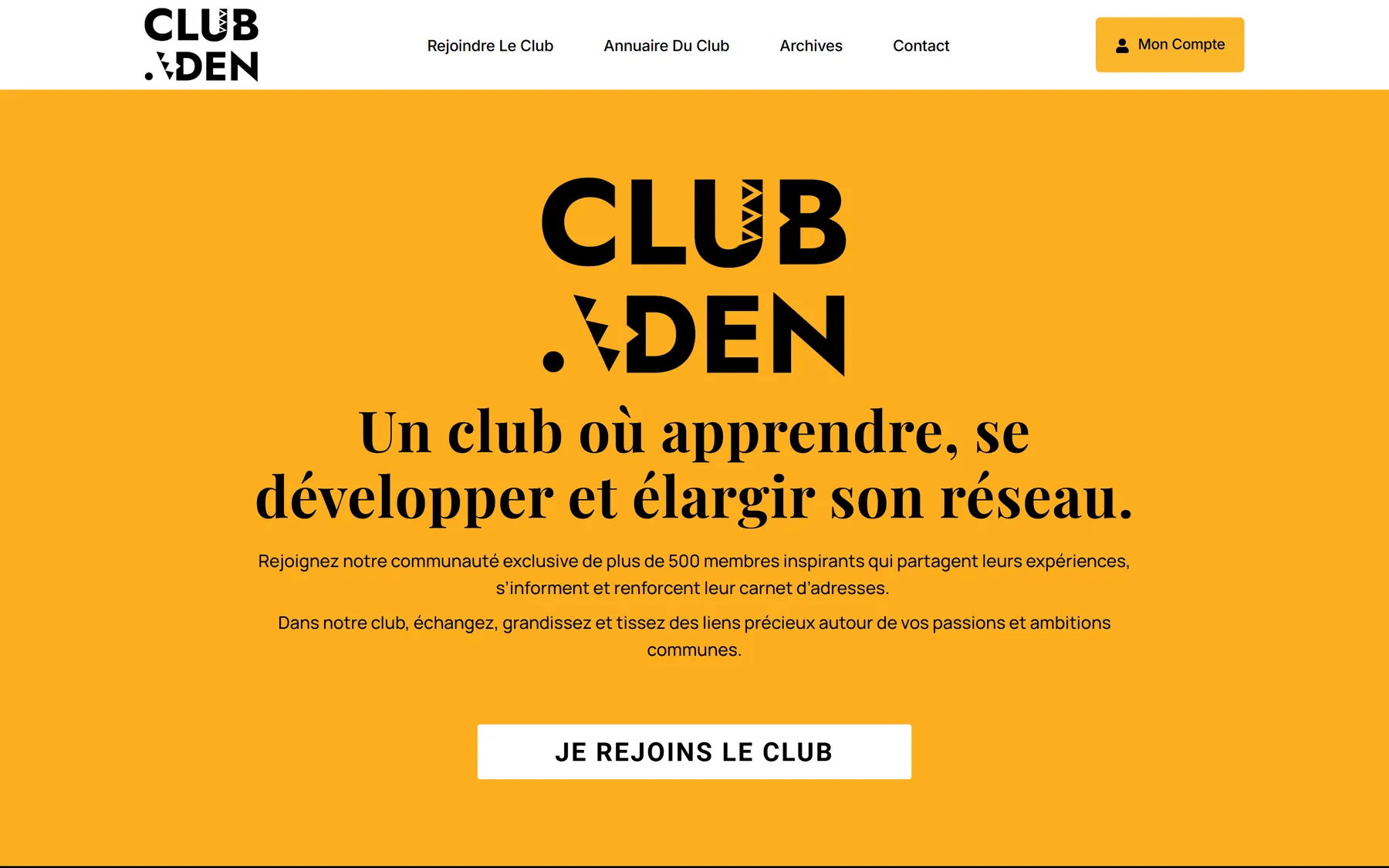 Ancienne page d’accueil (décembre 2024) : fond orange, logo Club ADEN, « Un club où apprendre, se développer et élargir son réseau ».
