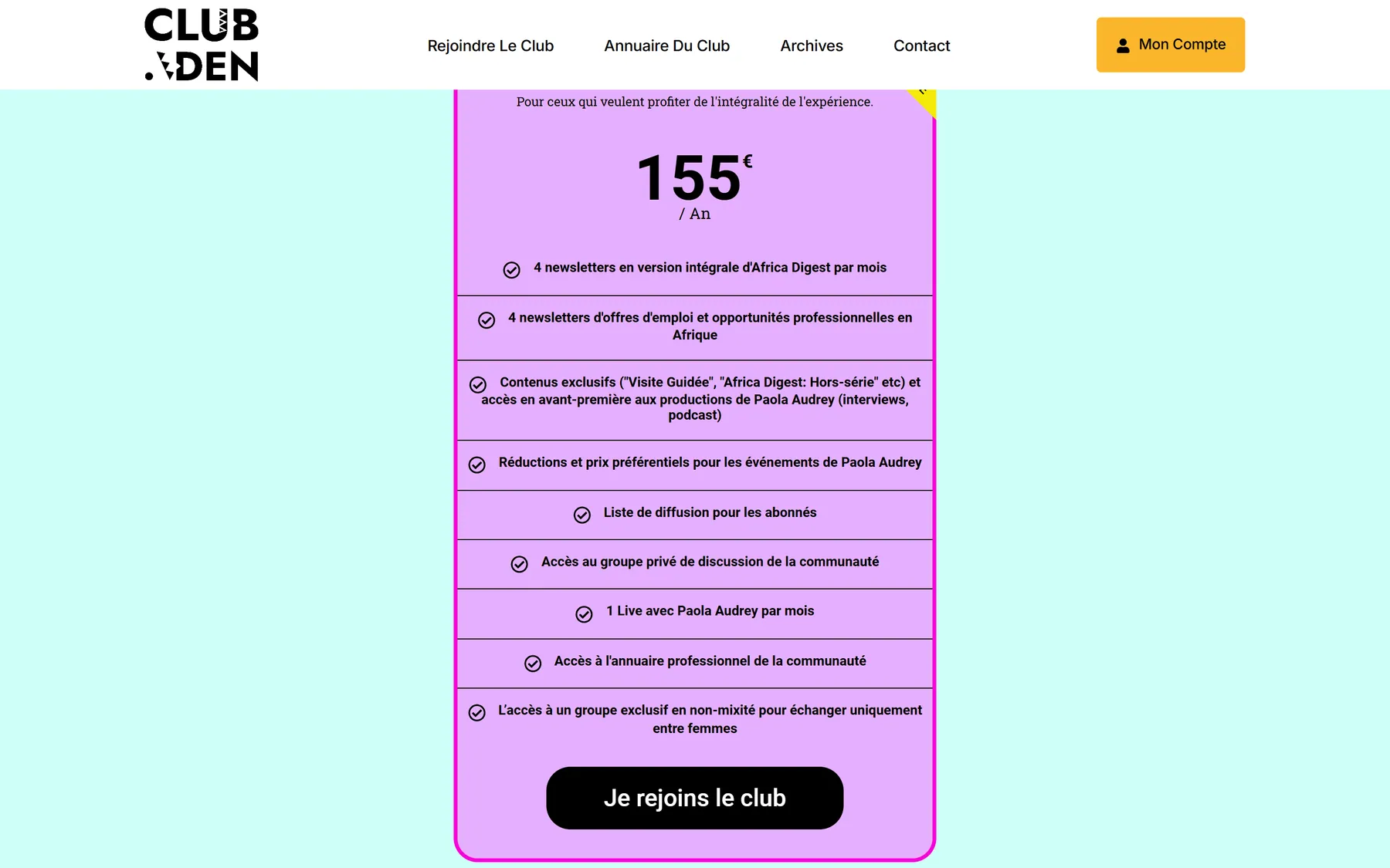 Ancienne offre ADEN PREMIUM à 155 € par an, liste d’avantages centrée sur les newsletters.