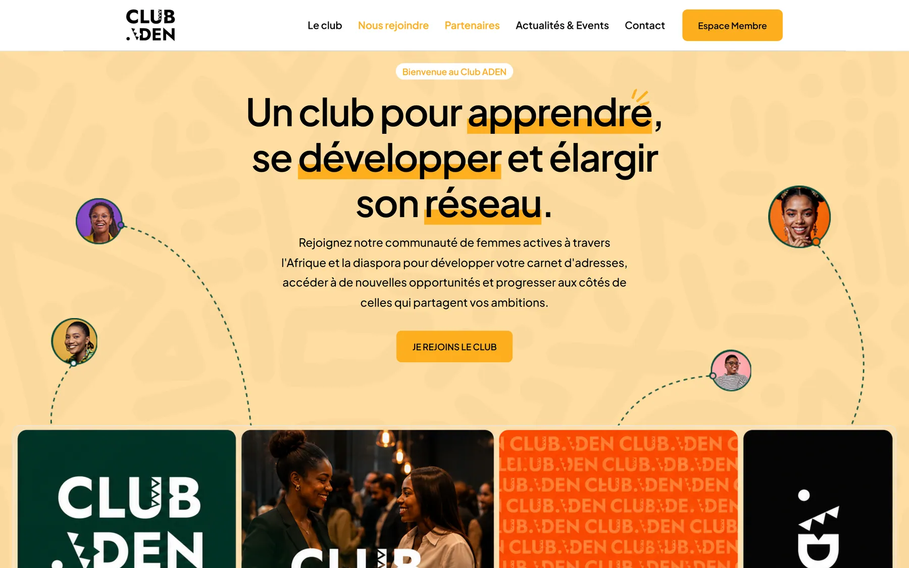 Accueil actuel de clubaden.com : « Un club pour apprendre, se développer et élargir son réseau », bouton « Je rejoins le club ».