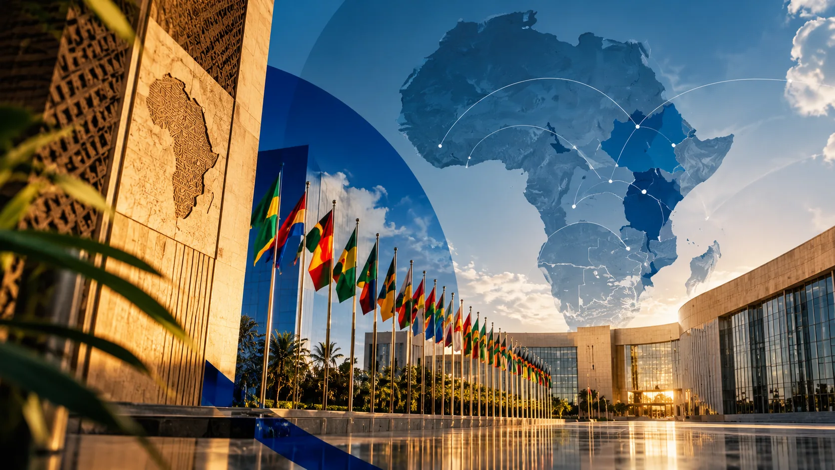Visualisation conceptuelle : esplanade institutionnelle bordée de drapeaux, carte de l’Afrique en surimpression dans le ciel. Illustration générée, pas un lieu réel.
