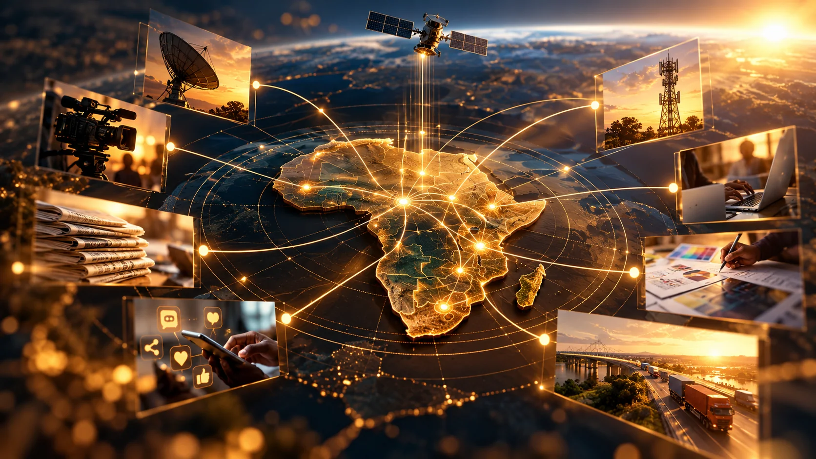 Visualisation conceptuelle : carte de l’Afrique dorée reliée à des écrans, antennes, presse et réseaux sociaux. Illustration générée.