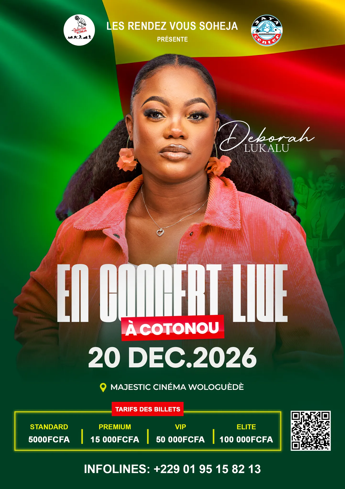 Flyer A5 « Deborah Lukalu en concert live à Cotonou — 20 déc. 2026 — Majestic Cinéma Wologuèdè » aux couleurs du Bénin, tarifs et QR code.