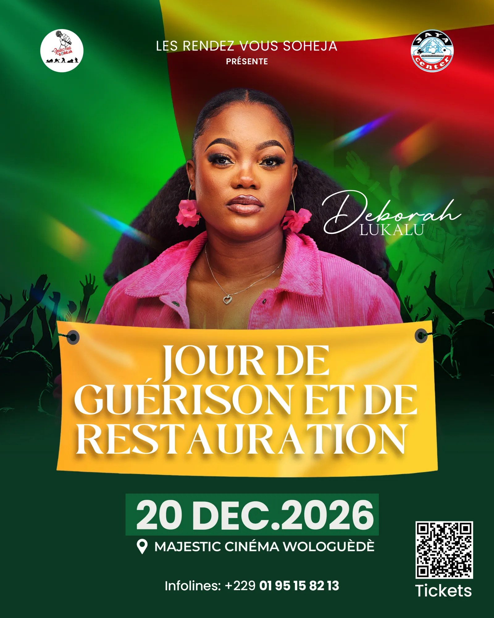 Affiche « Jour de guérison et de restauration » : Deborah Lukalu en veste rose sur fond vert, banderole de couleur, 20 déc. 2026, Majestic Cinéma Wologuèdè.