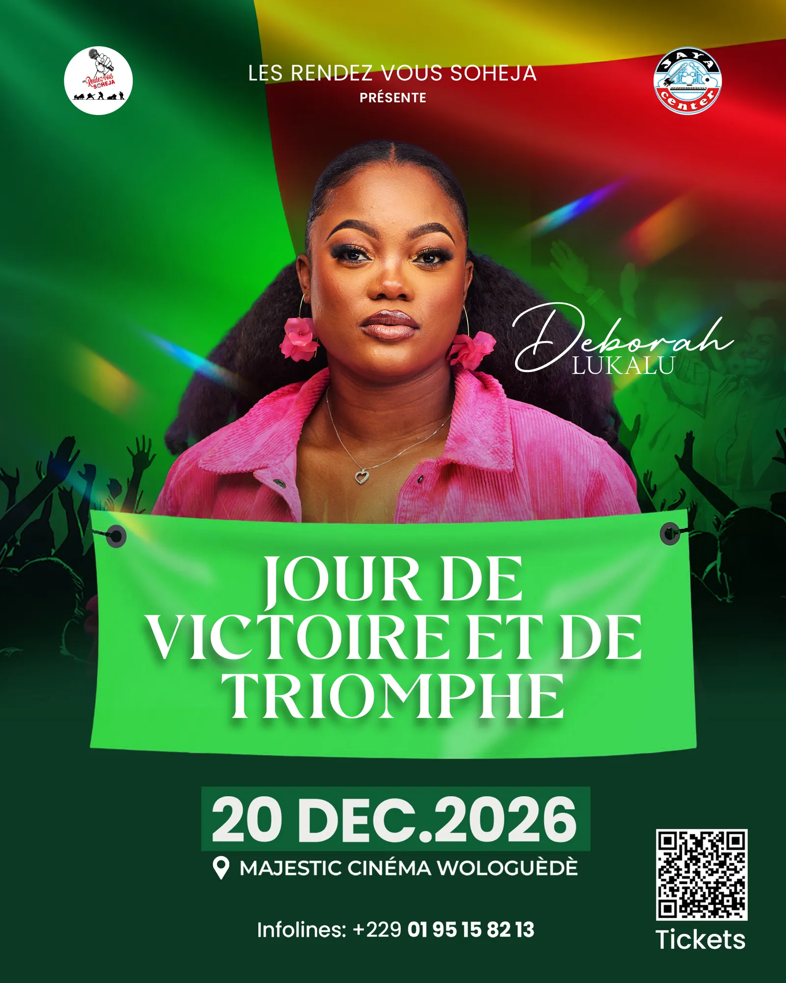 Affiche « Jour de victoire et triomphe » : Deborah Lukalu en veste rose sur fond vert, banderole de couleur, 20 déc. 2026, Majestic Cinéma Wologuèdè.