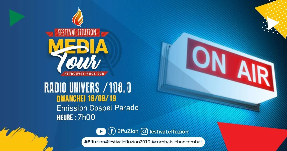 Visuel « Media Tour » : passage radio annoncé, « On Air ». Support de la campagne du Festival Effuzion 2019.