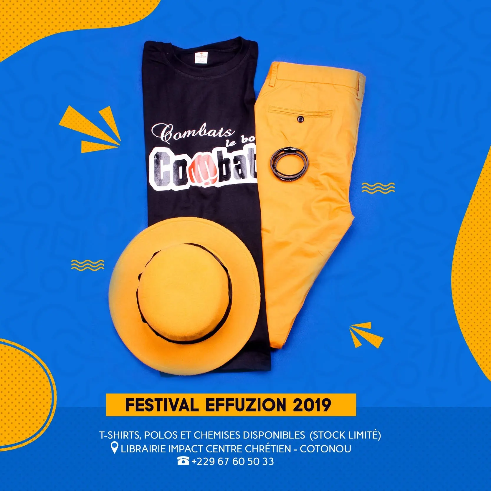 T-shirt noir « Combats le bon combat », proposé à la vente pendant le festival. Support de la campagne du Festival Effuzion 2019.
