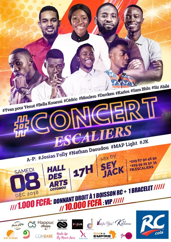 Affiche « #Concert Escaliers — samedi 08 déc. 2018 — Hall des Arts, Cotonou », sponsor RC Cola. Visuel d’archive Escaliers.