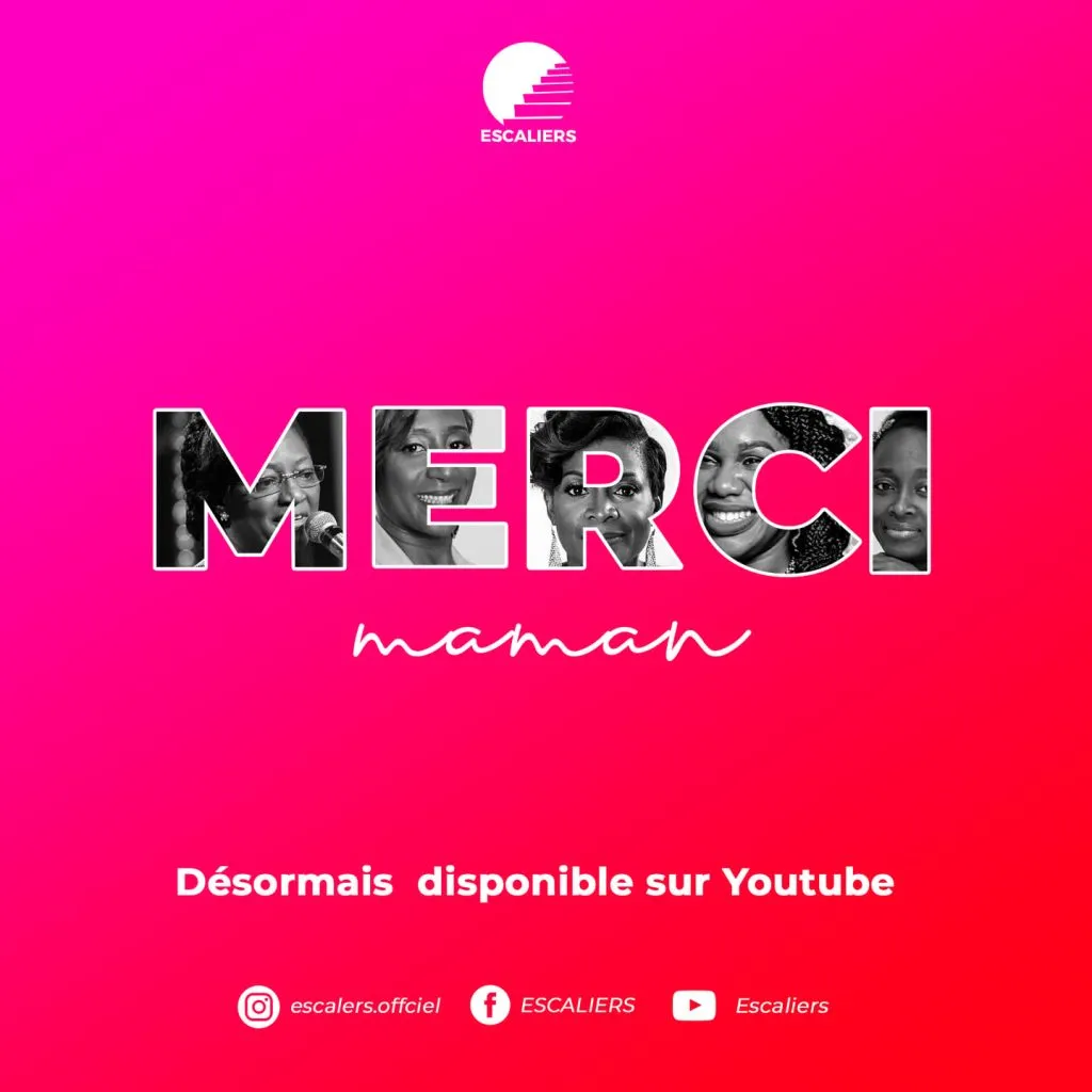 Visuel rose « Merci maman — désormais disponible sur YouTube ». Visuel d’archive Escaliers.