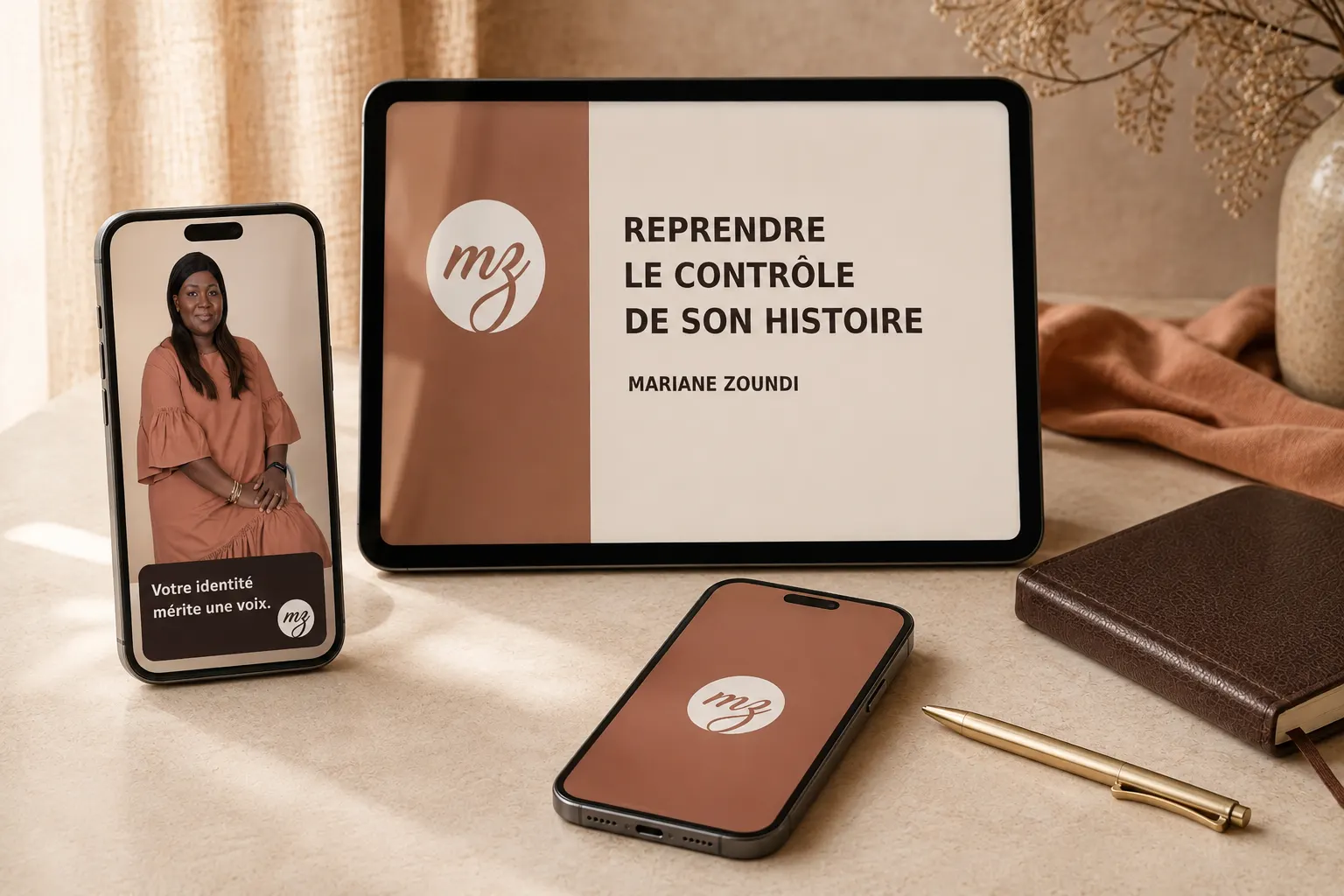 Projection : téléphones et tablette aux couleurs Nude Signature, « Reprendre le contrôle de son histoire ».