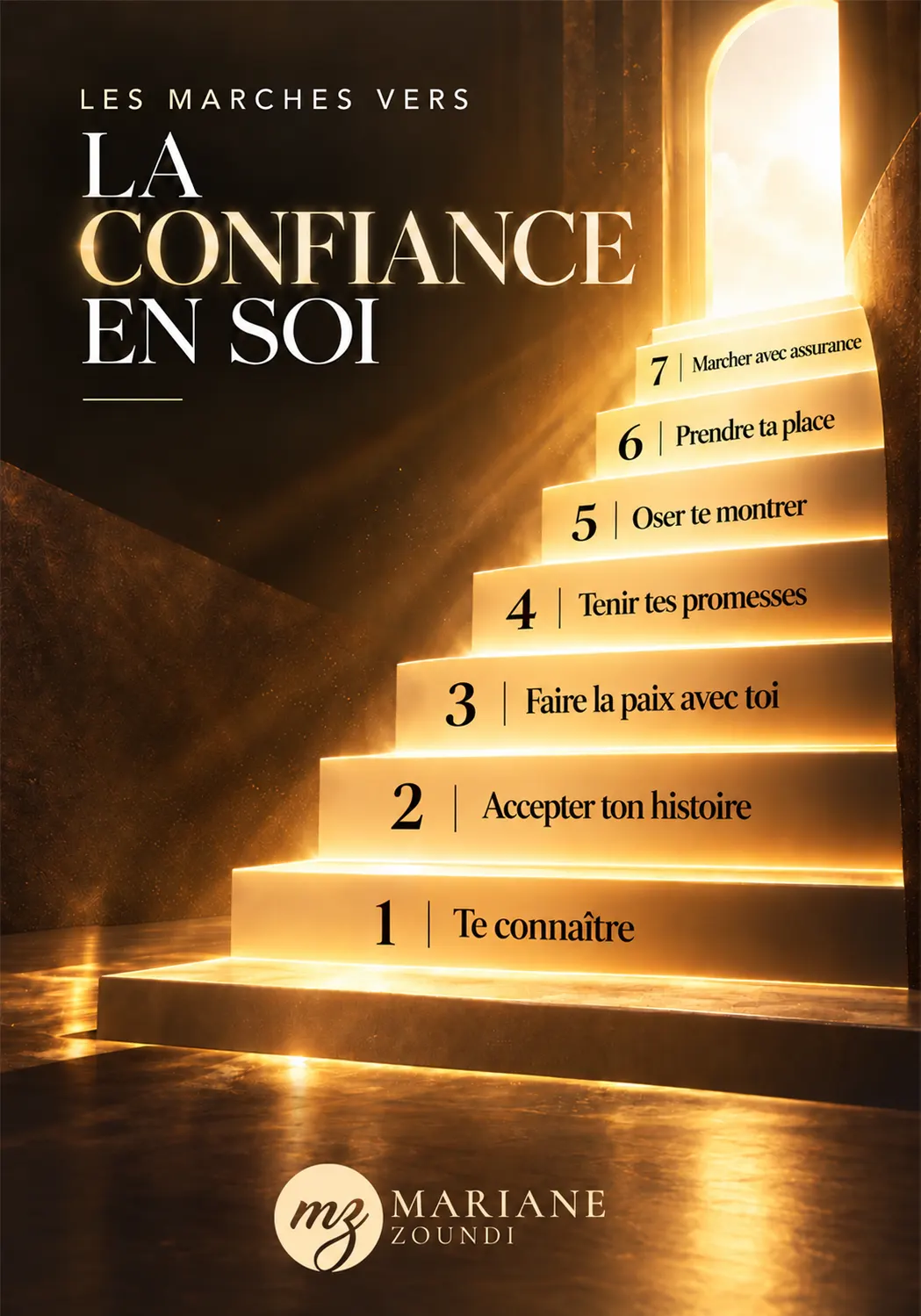 Série « Les marches vers la confiance en soi », visuel 1 sur 9 : un escalier de lumière, sept marches nommées, de « Te connaître » à « Marcher avec assurance ».