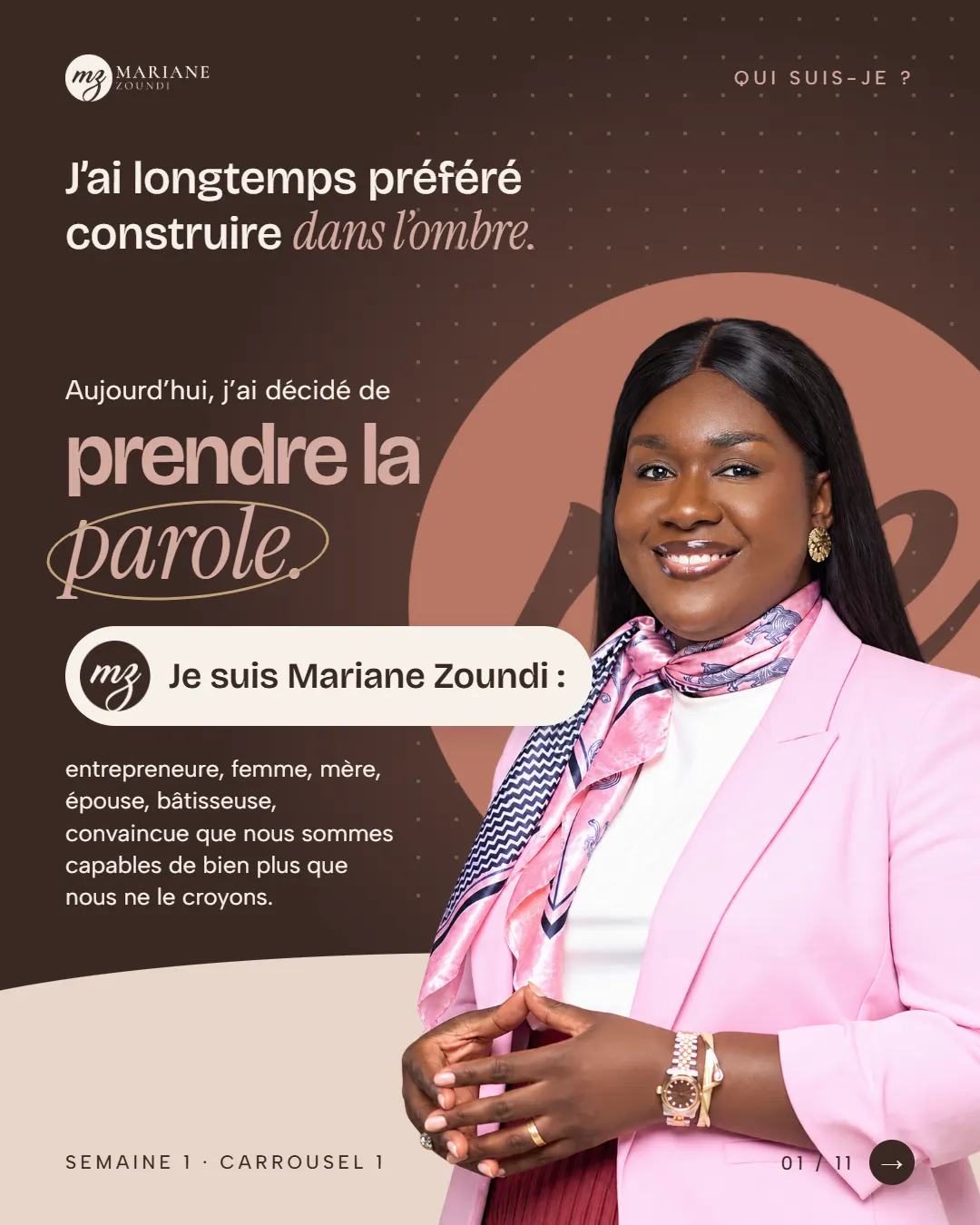 Carrousel « Qui suis-je ? », slide 1 sur 11 : « J’ai longtemps préféré construire dans l’ombre. Aujourd’hui, j’ai décidé de prendre la parole. »