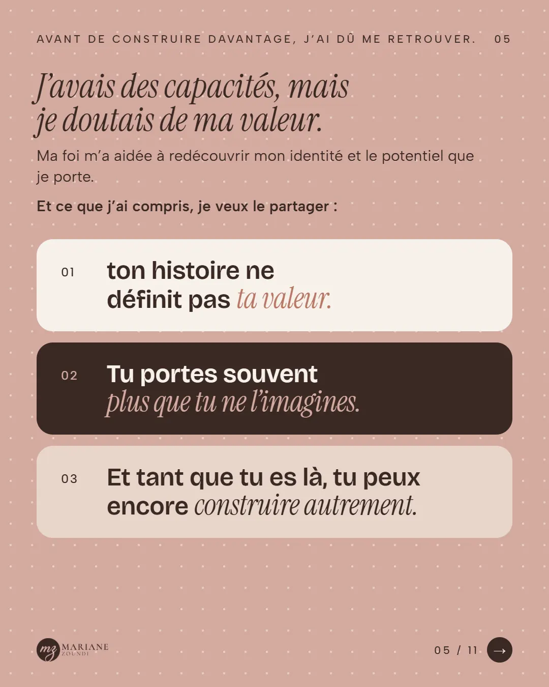 Carrousel « Qui suis-je ? », slide 5 sur 11 : « J’avais des capacités, mais je doutais de ma valeur. »