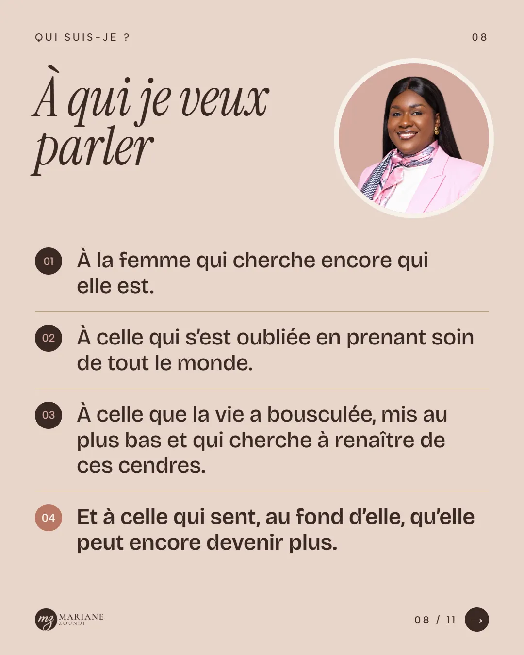 Carrousel « Qui suis-je ? », slide 8 sur 11 : « À qui je veux parler » : quatre femmes, quatre moments de vie.