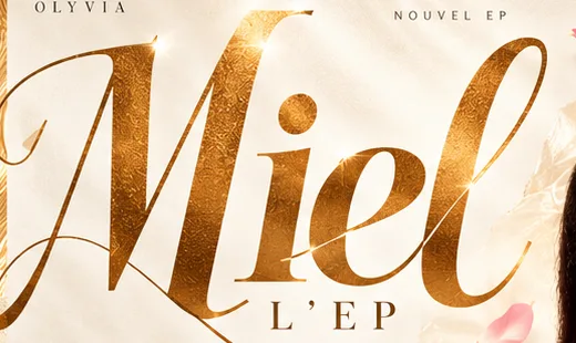 Détail de composition éditoriale : « Miel, l’EP » en calligraphie dorée. Visuel conceptuel.