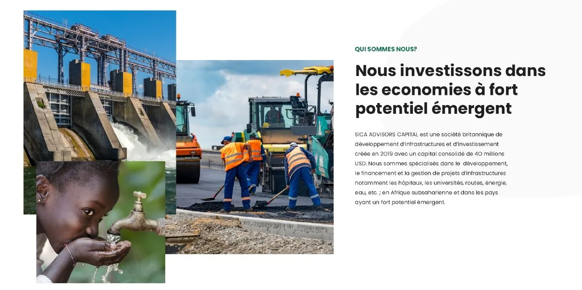 Accueil, « Qui sommes-nous ? » : trois photos d’infrastructures superposées et texte de présentation. Archive du site livré.