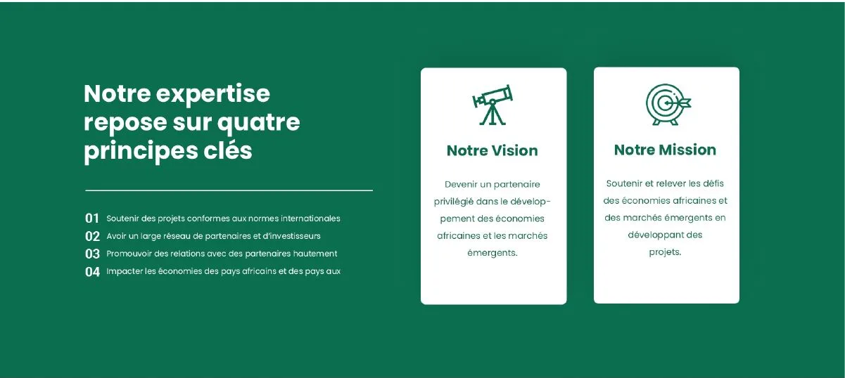 Accueil, bandeau vert : quatre principes clés, cartes Vision et Mission. Archive du site livré.